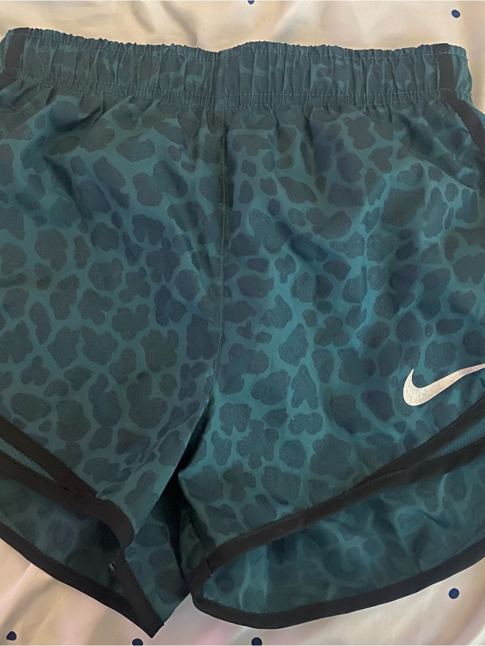 Nike Teal Leopard-Print Athletic Shorts with White Swoosh